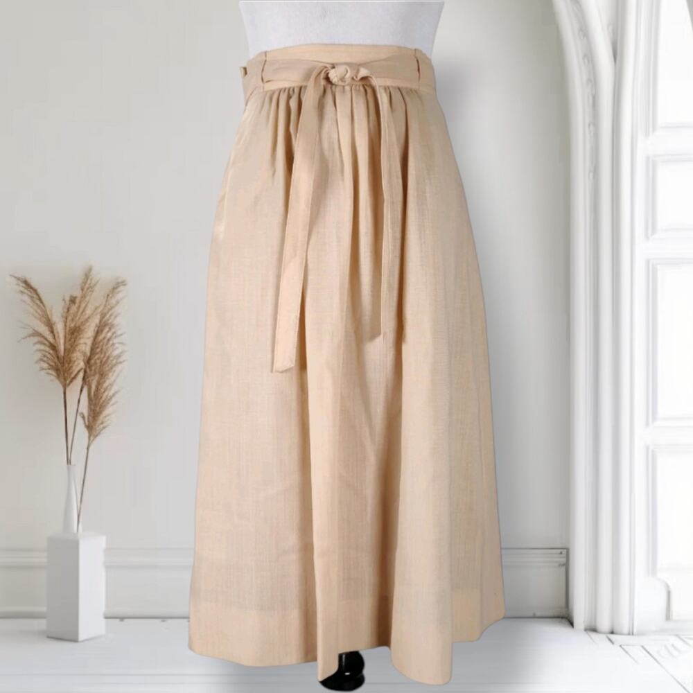 Vintage 70s Cream High Waist Full Skirt 26W Belted Pleated French Made